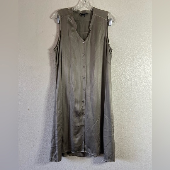 Eileen Fisher Gray Silk Charmeuse Button Down V-Neck Tunic Dress Size M Preppy - Picture 1 of 13